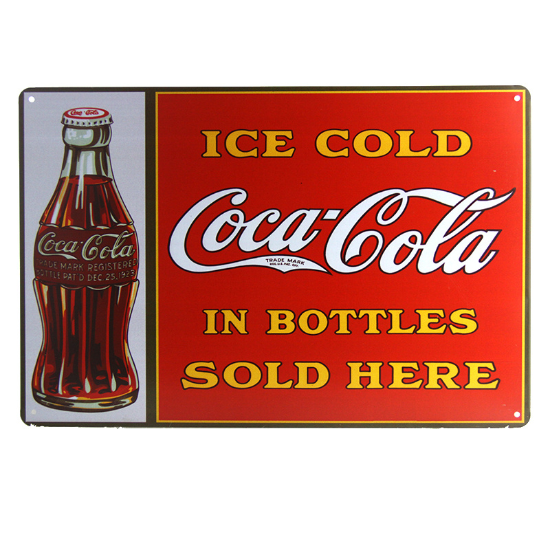 Metalen Bord Ice cold Coca Cola in bottles sold here - Bardecoratie.nl